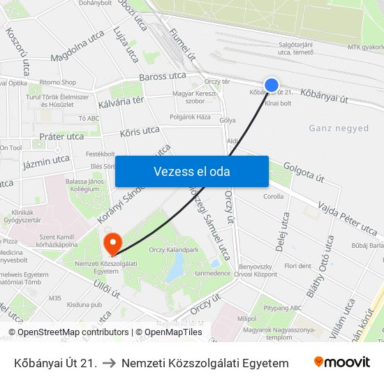 Kőbányai Út 21. to Nemzeti Közszolgálati Egyetem map