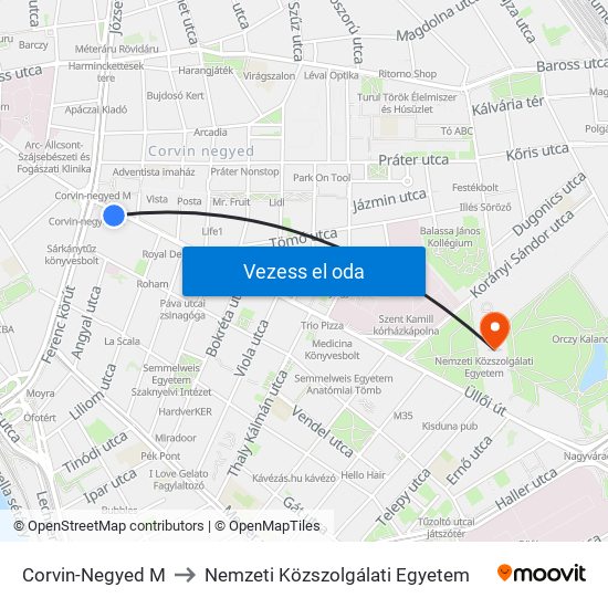 Corvin-Negyed M to Nemzeti Közszolgálati Egyetem map