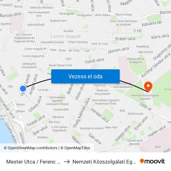 Mester Utca / Ferenc Körút to Nemzeti Közszolgálati Egyetem map