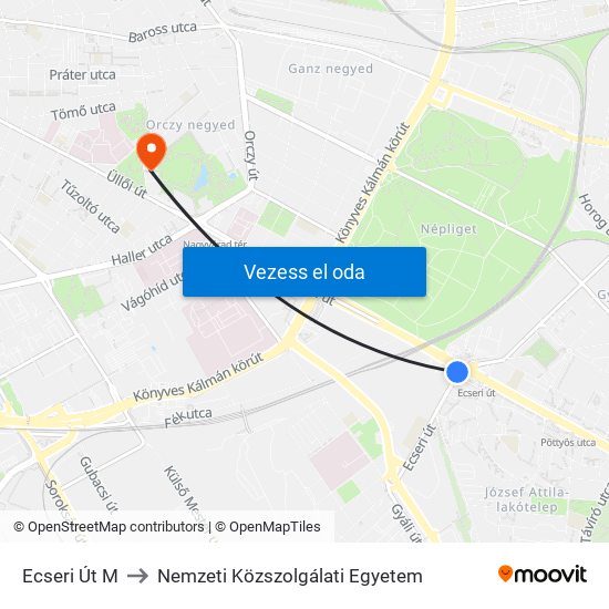 Ecseri Út M to Nemzeti Közszolgálati Egyetem map