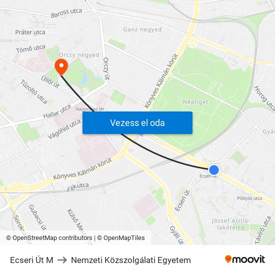 Ecseri Út M to Nemzeti Közszolgálati Egyetem map