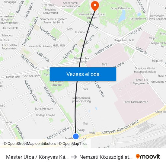 Mester Utca / Könyves Kálmán Körút to Nemzeti Közszolgálati Egyetem map