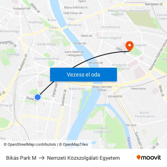 Bikás Park M to Nemzeti Közszolgálati Egyetem map