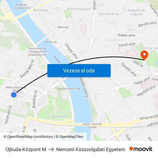 Újbuda-Központ M to Nemzeti Közszolgálati Egyetem map