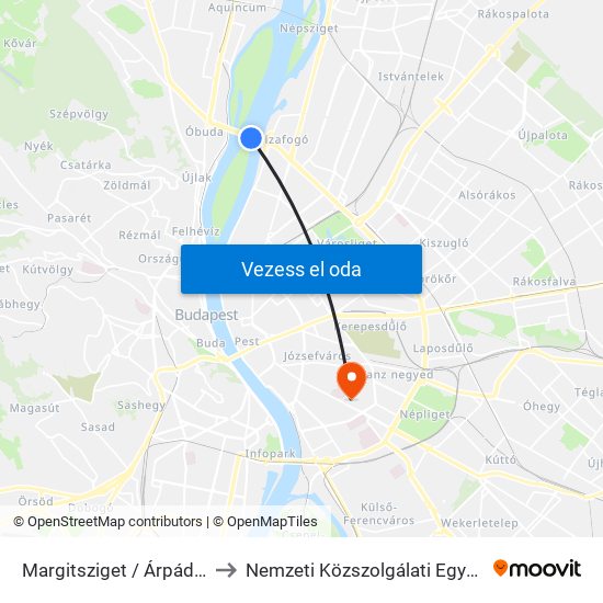 Margitsziget / Árpád Híd to Nemzeti Közszolgálati Egyetem map