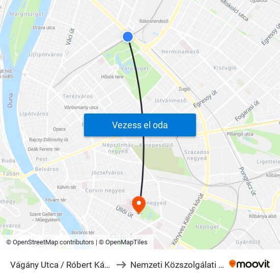 Vágány Utca / Róbert Károly Körút to Nemzeti Közszolgálati Egyetem map