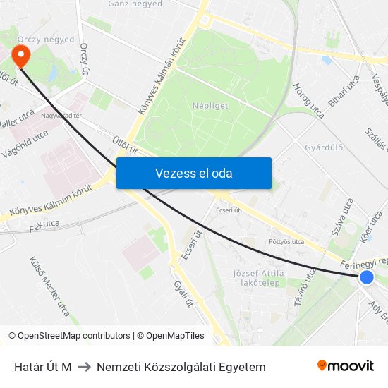 Határ Út M to Nemzeti Közszolgálati Egyetem map