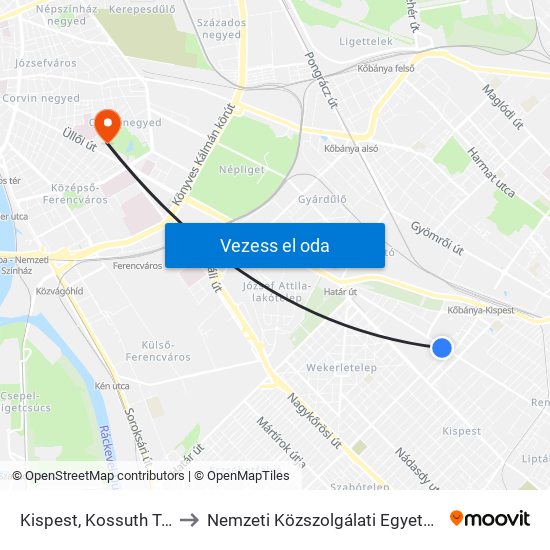 Kispest, Kossuth Tér to Nemzeti Közszolgálati Egyetem map