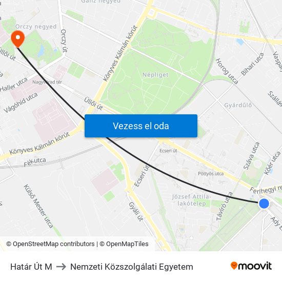 Határ Út M to Nemzeti Közszolgálati Egyetem map