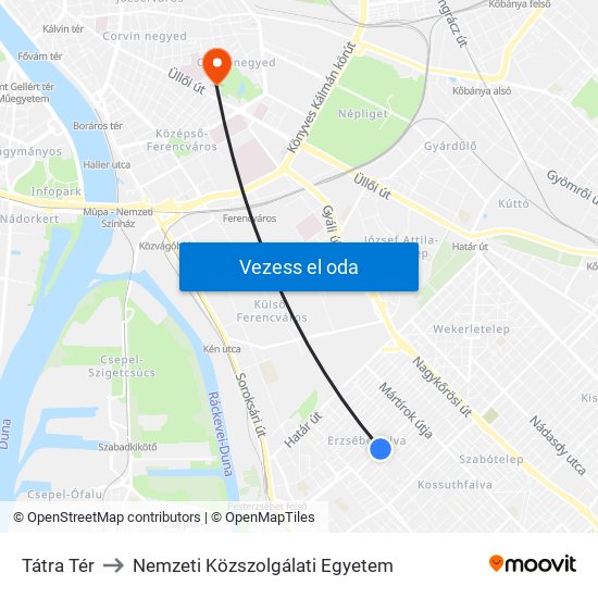 Tátra Tér to Nemzeti Közszolgálati Egyetem map