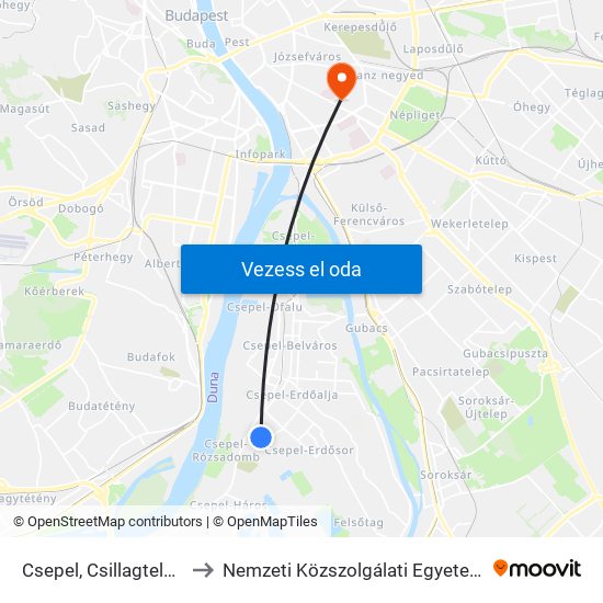 Csepel, Csillagtelep to Nemzeti Közszolgálati Egyetem map