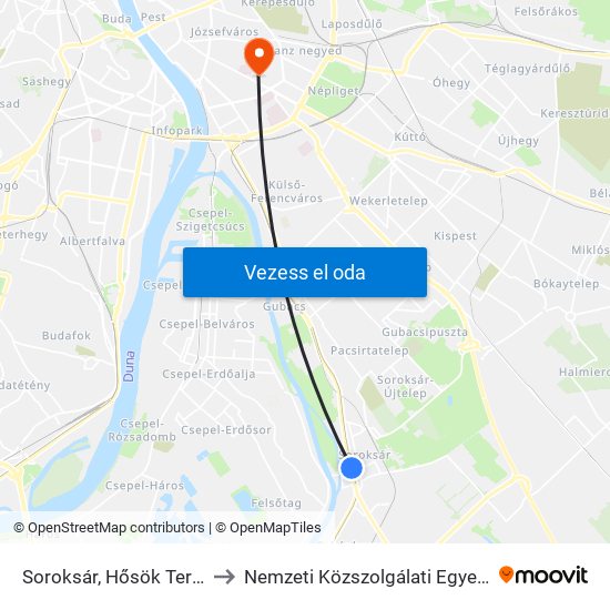 Soroksár, Hősök Tere H to Nemzeti Közszolgálati Egyetem map