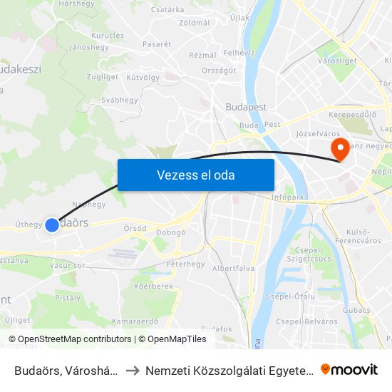 Budaörs, Városháza to Nemzeti Közszolgálati Egyetem map