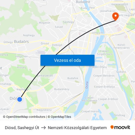 Diósd, Sashegyi Út to Nemzeti Közszolgálati Egyetem map