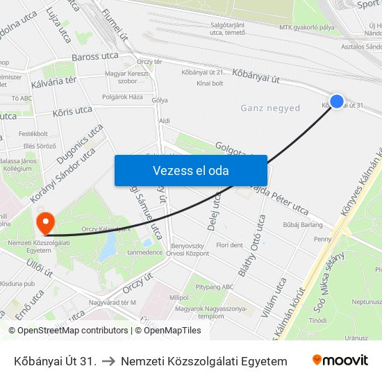 Kőbányai Út 31. to Nemzeti Közszolgálati Egyetem map