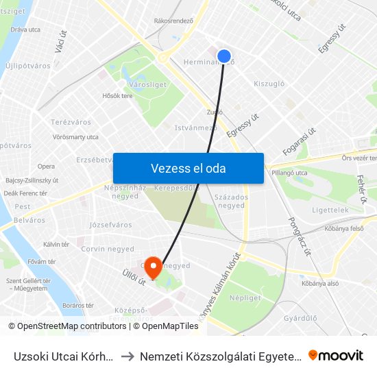 Uzsoki Utcai Kórház to Nemzeti Közszolgálati Egyetem map