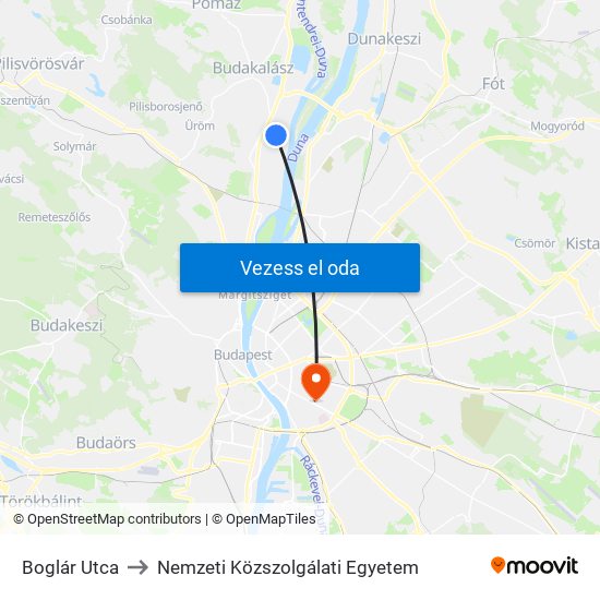 Boglár Utca to Nemzeti Közszolgálati Egyetem map