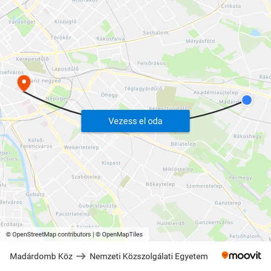 Madárdomb Köz to Nemzeti Közszolgálati Egyetem map