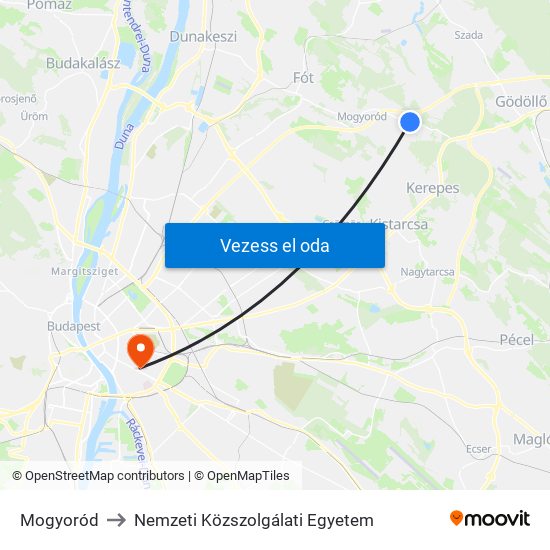 Mogyoród to Nemzeti Közszolgálati Egyetem map