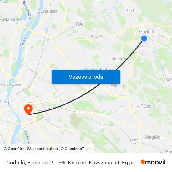 Gödöllő, Erzsébet Park to Nemzeti Közszolgálati Egyetem map