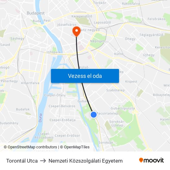Torontál Utca to Nemzeti Közszolgálati Egyetem map