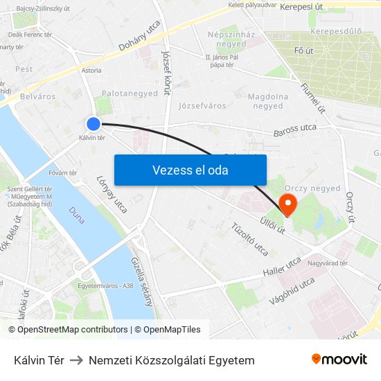 Kálvin Tér to Nemzeti Közszolgálati Egyetem map