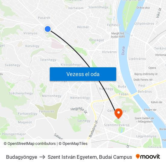 Budagyöngye to Szent István Egyetem, Budai Campus map