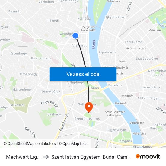 Mechwart Liget to Szent István Egyetem, Budai Campus map