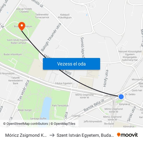 Móricz Zsigmond Körtér M to Szent István Egyetem, Budai Campus map