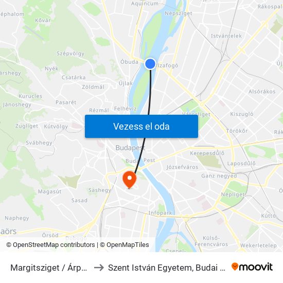 Margitsziget / Árpád Híd to Szent István Egyetem, Budai Campus map