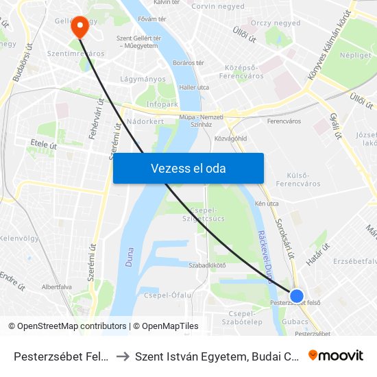 Pesterzsébet Felső H to Szent István Egyetem, Budai Campus map