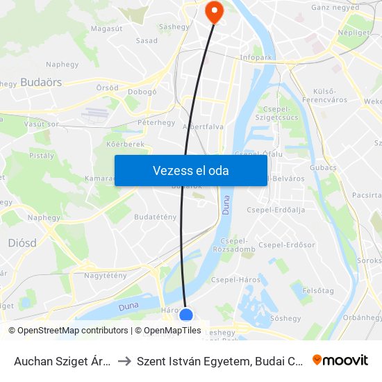 Auchan Sziget Áruház to Szent István Egyetem, Budai Campus map