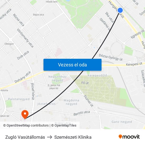 Zugló Vasútállomás to Szemészeti Klinika map