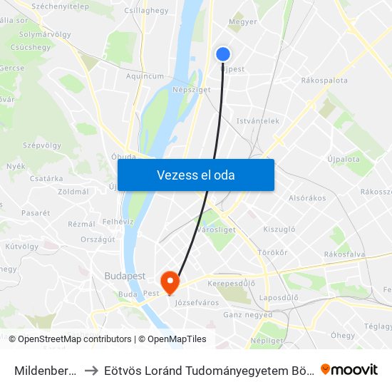 Mildenberger Utca to Eötvös Loránd Tudományegyetem Bölcsészettudományi Kar map