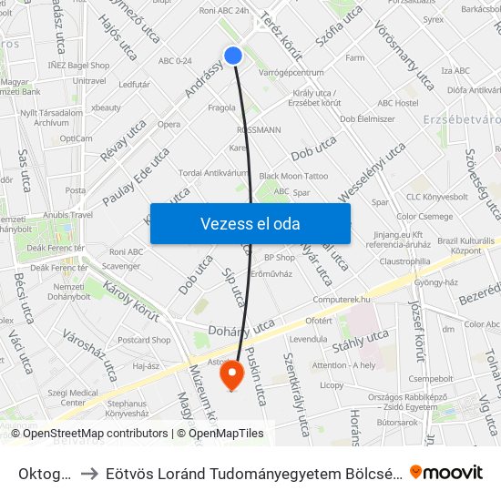 Oktogon M to Eötvös Loránd Tudományegyetem Bölcsészettudományi Kar map