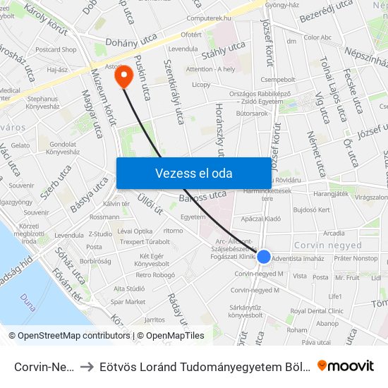 Corvin-Negyed M to Eötvös Loránd Tudományegyetem Bölcsészettudományi Kar map