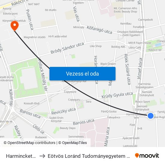 Harminckettesek Tere to Eötvös Loránd Tudományegyetem Bölcsészettudományi Kar map