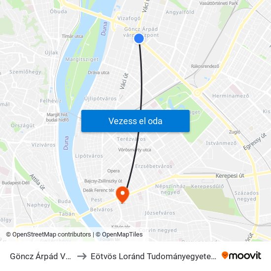 Göncz Árpád Városközpont M to Eötvös Loránd Tudományegyetem Bölcsészettudományi Kar map