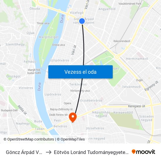 Göncz Árpád Városközpont M to Eötvös Loránd Tudományegyetem Bölcsészettudományi Kar map