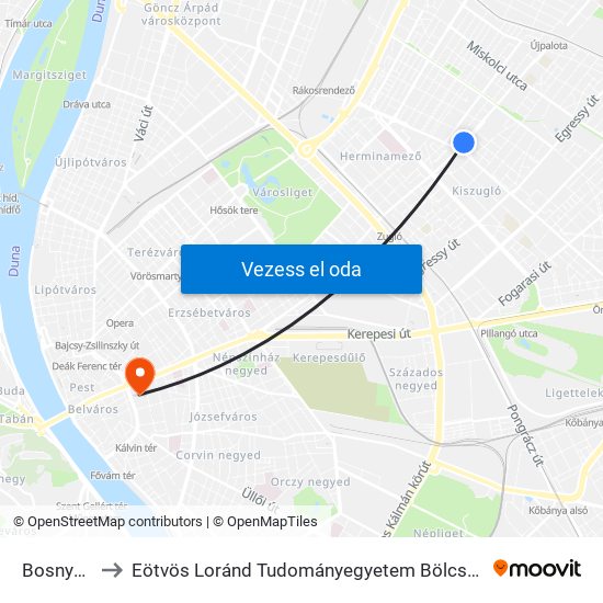 Bosnyák Tér to Eötvös Loránd Tudományegyetem Bölcsészettudományi Kar map