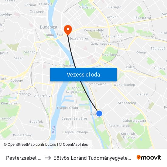Pesterzsébet Vasútállomás to Eötvös Loránd Tudományegyetem Bölcsészettudományi Kar map