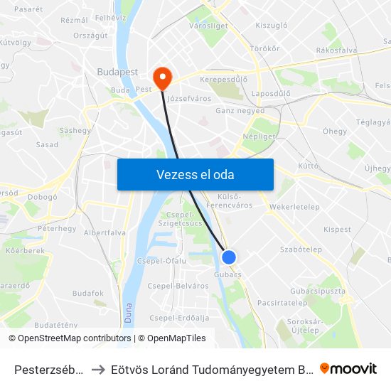 Pesterzsébet Felső H to Eötvös Loránd Tudományegyetem Bölcsészettudományi Kar map