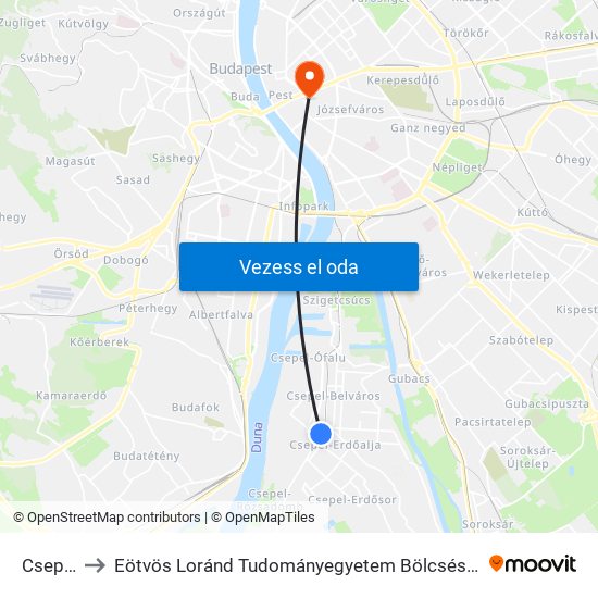 Csepel H to Eötvös Loránd Tudományegyetem Bölcsészettudományi Kar map