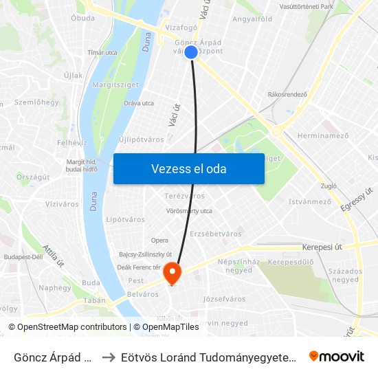 Göncz Árpád Városközpont to Eötvös Loránd Tudományegyetem Bölcsészettudományi Kar map