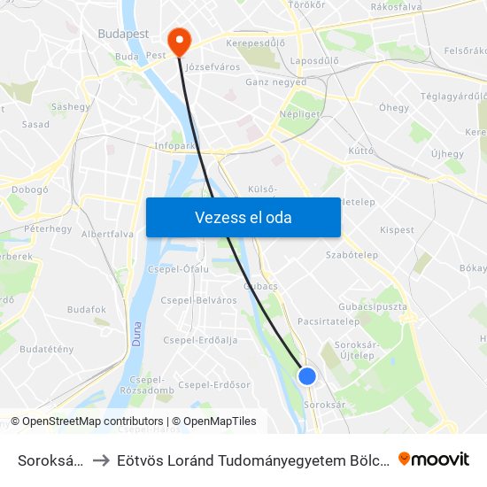 Soroksár Felső to Eötvös Loránd Tudományegyetem Bölcsészettudományi Kar map