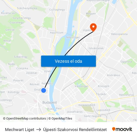 Mechwart Liget to Újpesti Szakorvosi Rendelőintézet map