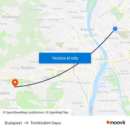 Budapest to Törökbálint-Depo map