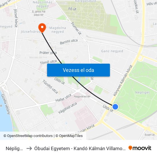 Népliget M to Óbudai Egyetem - Kandó Kálmán Villamosmérnöki Kar map