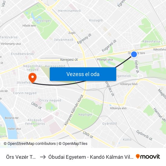 Örs Vezér Tere M+H to Óbudai Egyetem - Kandó Kálmán Villamosmérnöki Kar map