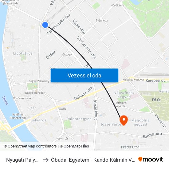 Nyugati Pályaudvar M to Óbudai Egyetem - Kandó Kálmán Villamosmérnöki Kar map